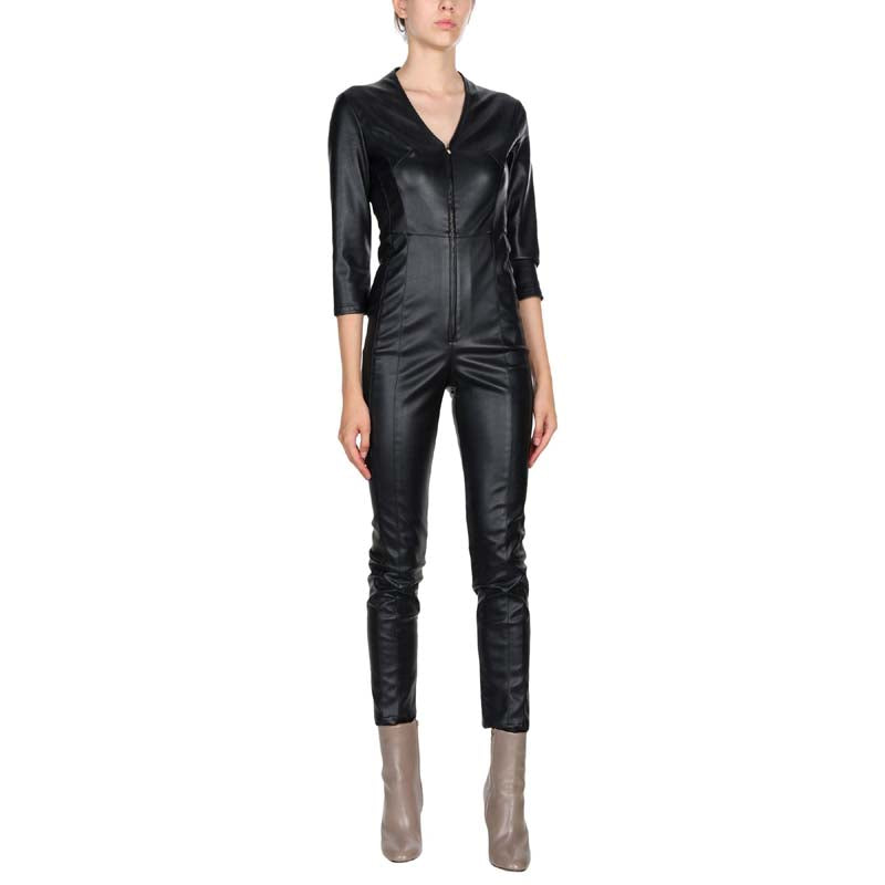 Women's Lambskin Leather Jumpsuit with V Neck Slim Fit Design