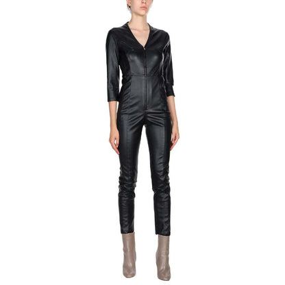 Women's Lambskin Leather Jumpsuit with V Neck Slim Fit Design