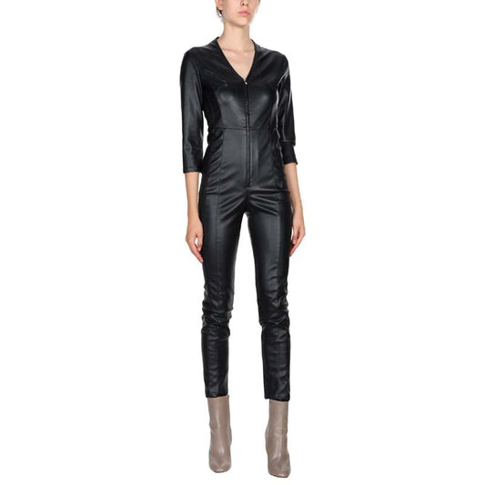 Women's Lambskin Leather Jumpsuit with V Neck Slim Fit Design