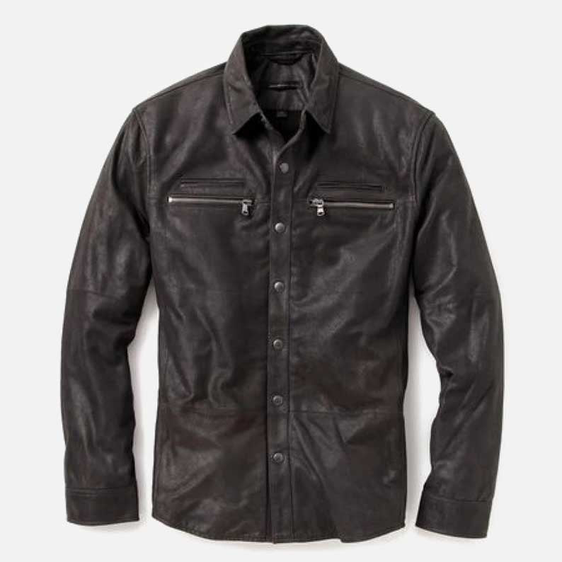 Stylish black lambskin leather shirt for sale with satin lining by Glory Store US