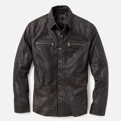 Stylish black lambskin leather shirt for sale with satin lining by Glory Store US