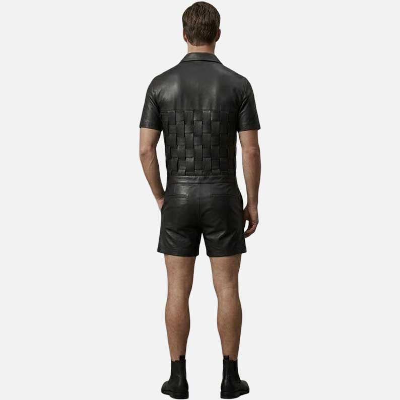 Stylish black leather jumpsuit for men by Glory Store US with tailored masculine fit