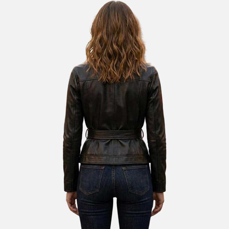 Stylish black leather trucker jacket for women with classic button up design