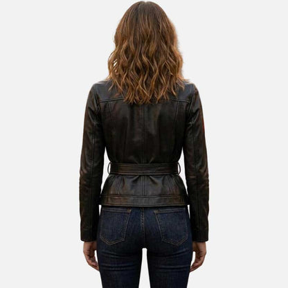 Stylish black leather trucker jacket for women with classic button up design
