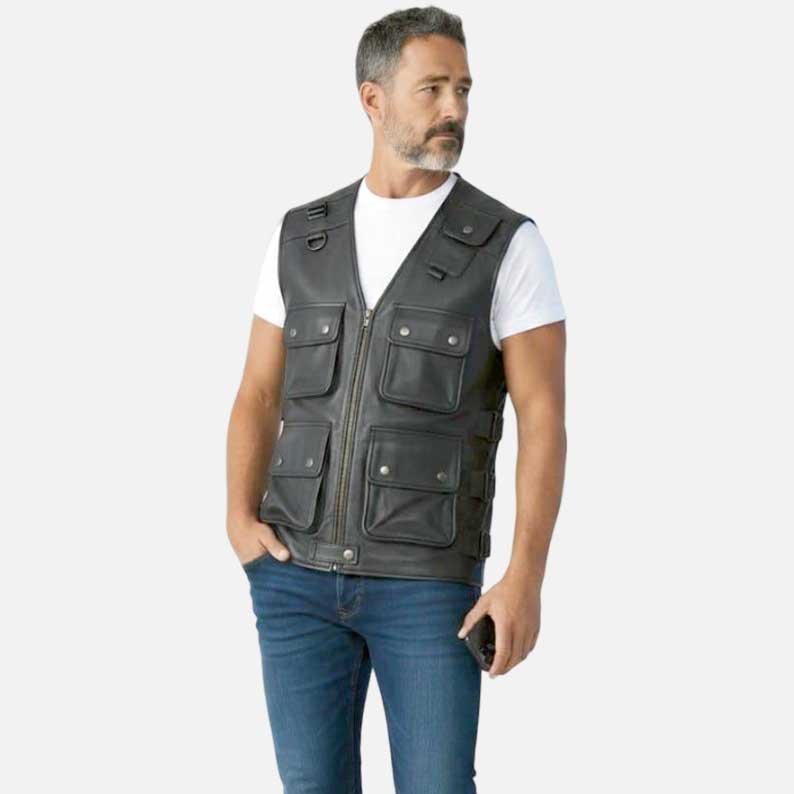 Stylish black motorcycle leather utility vest to buy from Glory Store US