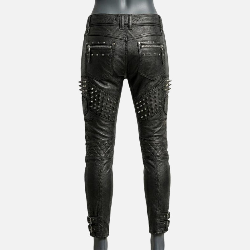 Stylish black studded leather biker pants for sale featuring zipper accents and punk rock design
