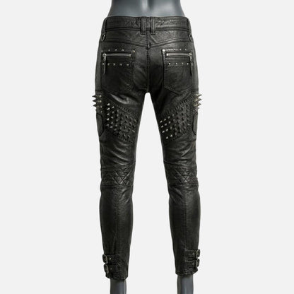 Stylish black studded leather biker pants for sale featuring zipper accents and punk rock design
