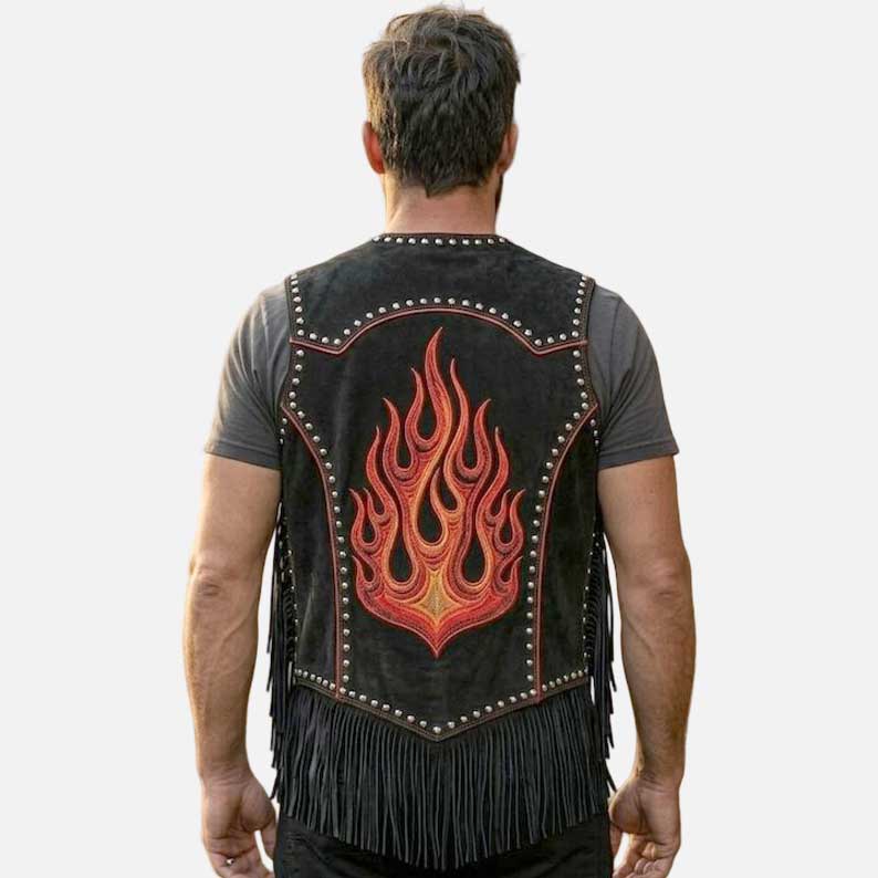 Stylish black suede cowboy biker vest by Glory Store US long fringe design