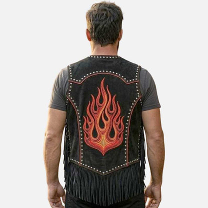 Stylish black suede cowboy biker vest by Glory Store US long fringe design
