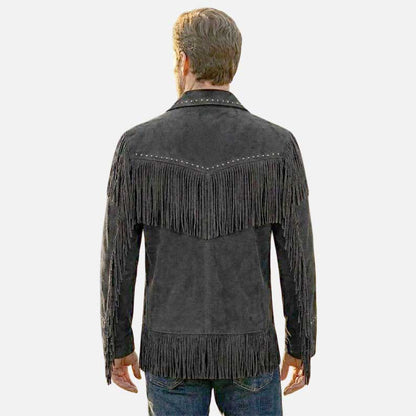 Stylish black suede cowboy jacket for sale featuring western fringe and ranch inspired design