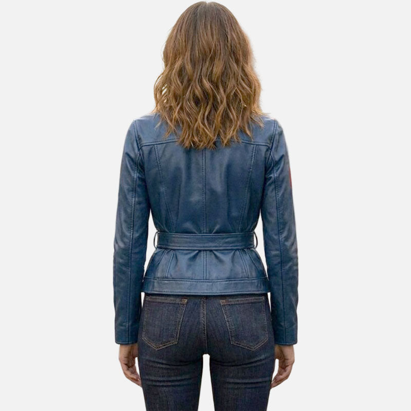 Stylish blue leather trucker jacket for women with classic button up front