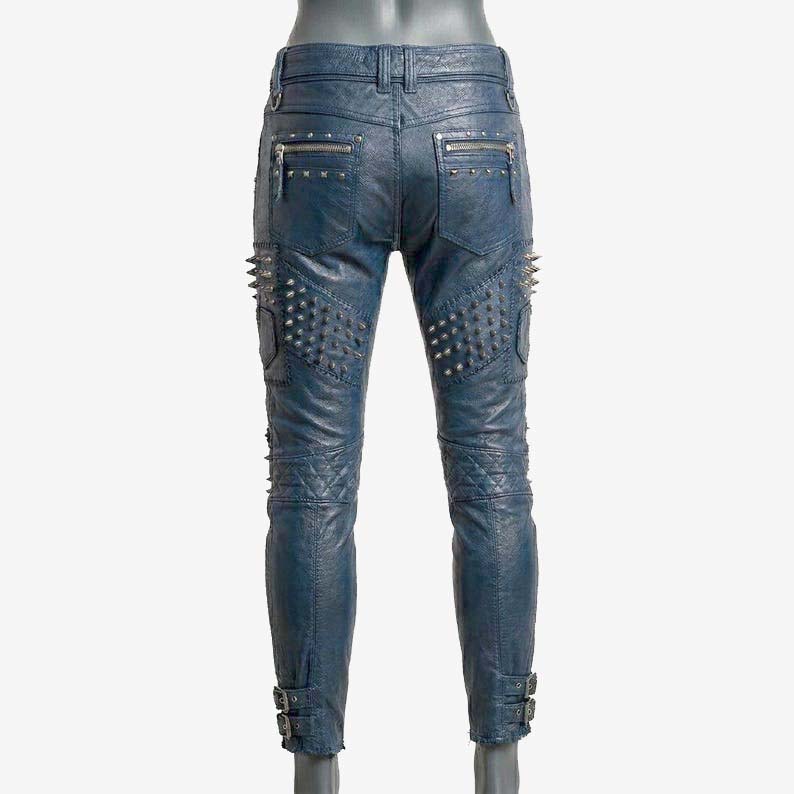 Stylish blue studded leather biker pants for sale featuring zipper accents and punk rock design