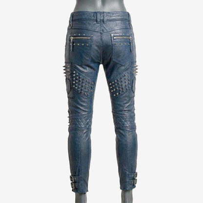 Stylish blue studded leather biker pants for sale featuring zipper accents and punk rock design