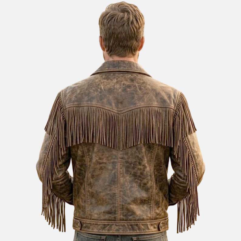 Stylish brown cowboy biker leather jacket by Glory Store US featuring authentic Western fringe