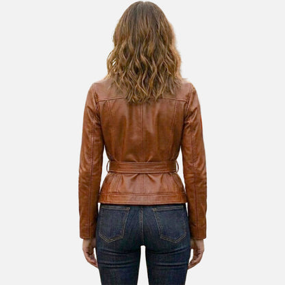 Stylish brown leather trucker jacket for women with classic button up design