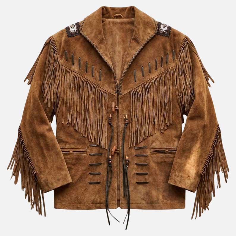 Stylish brown suede cowboy fringe jacket by Glory Store US with beaded shoulder patches