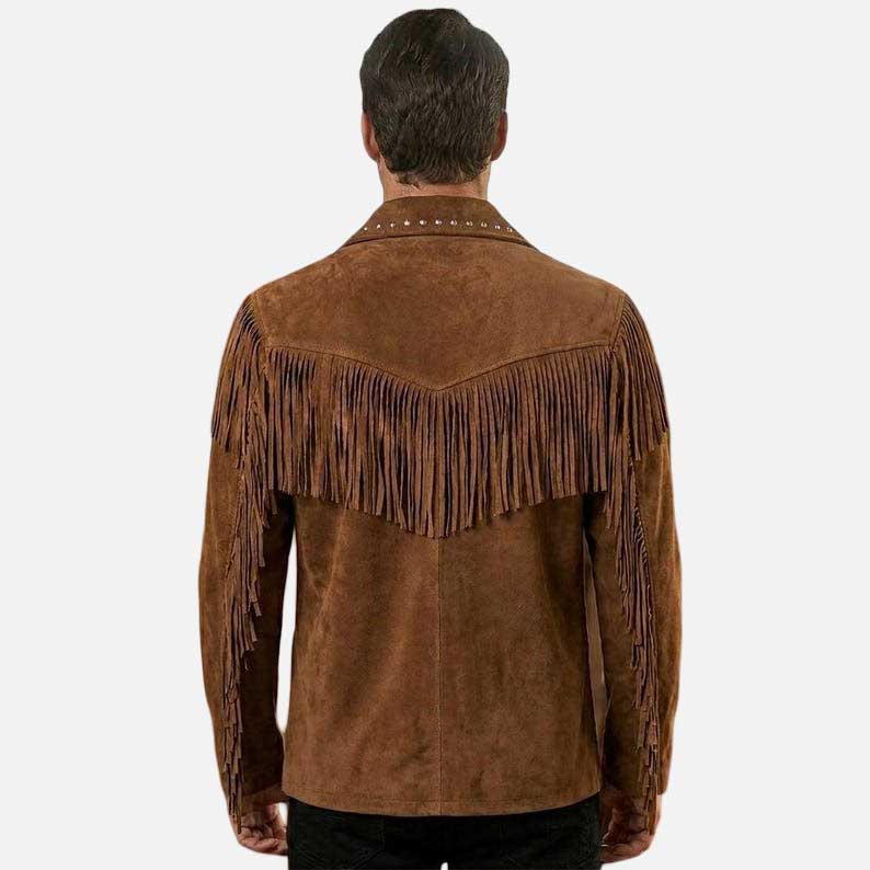 Stylish brown suede cowboy jacket for sale featuring western ranch style and fringe detailing