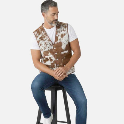 Stylish brown and white cowboy hair on cowhide leather vest to buy from Glory Store US