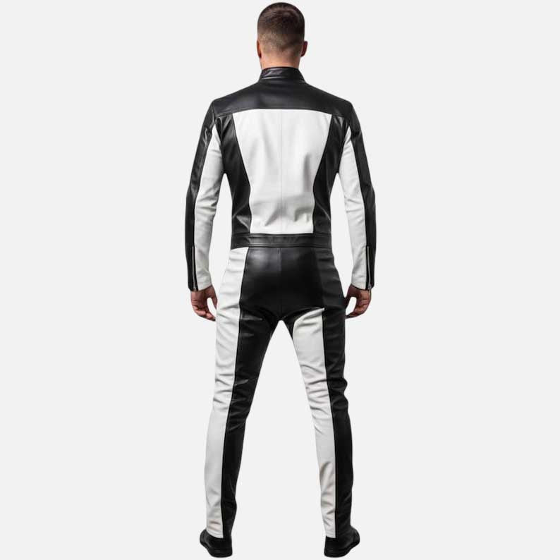 Stylish contrast lace up leather suit for sale featuring white panel detailing
