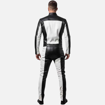 Stylish contrast lace up leather suit for sale featuring white panel detailing