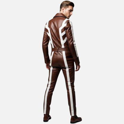 Stylish custom brown leather jumpsuit with belted waist and wide collar by Glory Store US