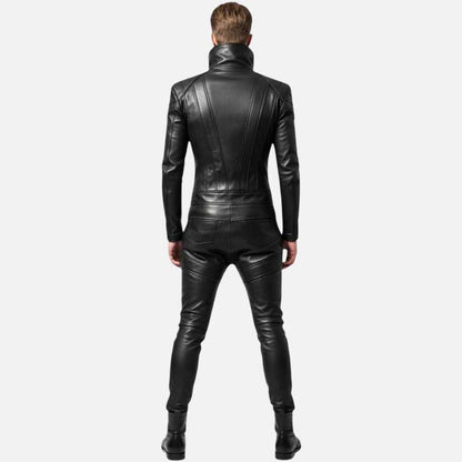 Stylish futuristic black leather jumpsuit by Glory Store US with high collar and tailored fit