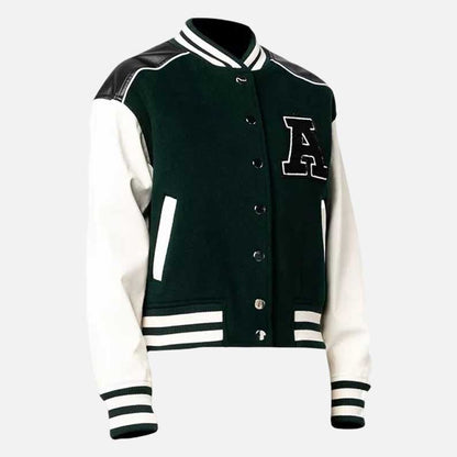 Stylish green and white varsity jacket for women with button closure