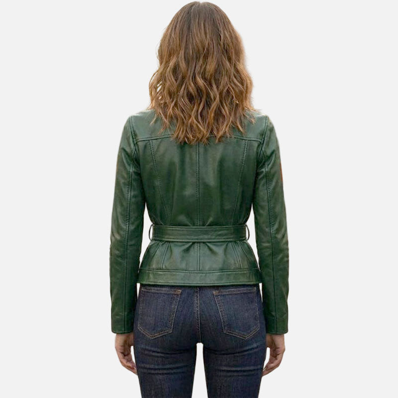 Stylish green leather trucker coat for women with casual biker fashion design by Glory Store US
