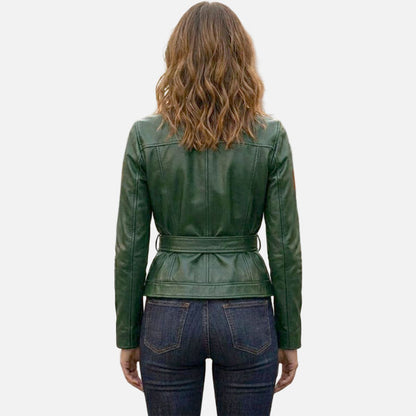 Stylish green leather trucker coat for women with casual biker fashion design by Glory Store US