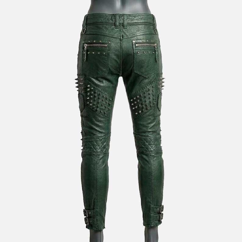 Stylish green studded leather biker pants for sale featuring zipper accents and punk rock design