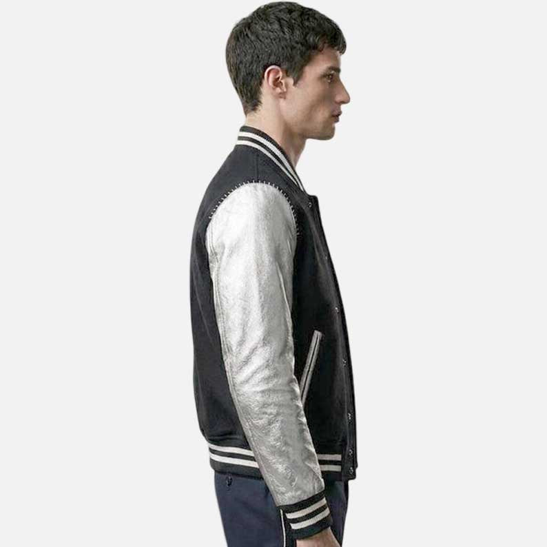 Stylish luxury varsity bomber jacket men streetwear fashion with silver leather sleeve