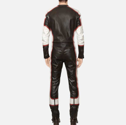 Stylish men black distressed leather jumpsuit by Glory Store US with zip cuffs