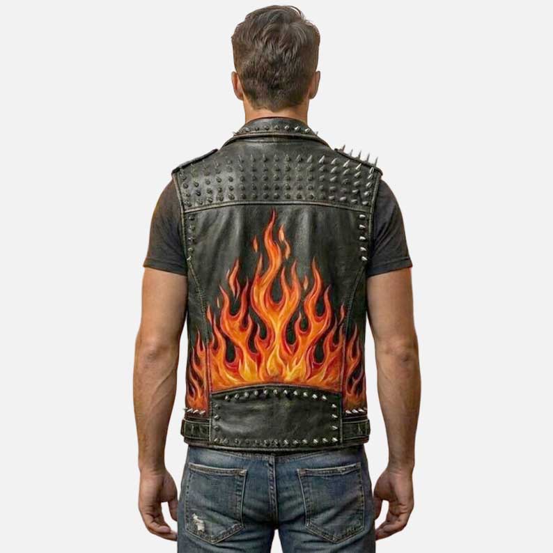 Stylish men black flame print leather vest by Glory Store US sleeveless biker style