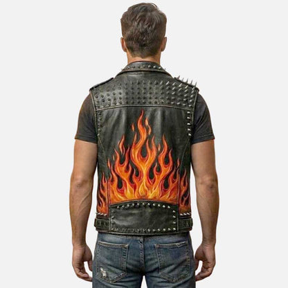 Stylish men black flame print leather vest by Glory Store US sleeveless biker style