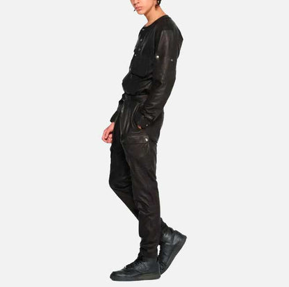 Stylish men black lambskin leather jumpsuit by Glory Store US with cargo pockets and snap buttons