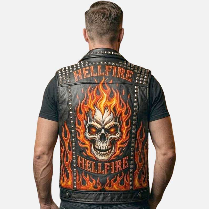 Stylish men black skull flame leather vest by Glory Store US sleeveless biker style