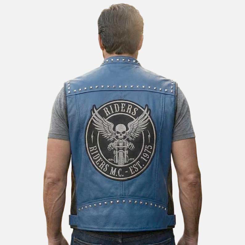 Stylish men blue black moto leather vest by Glory Store US with studded punk detailing