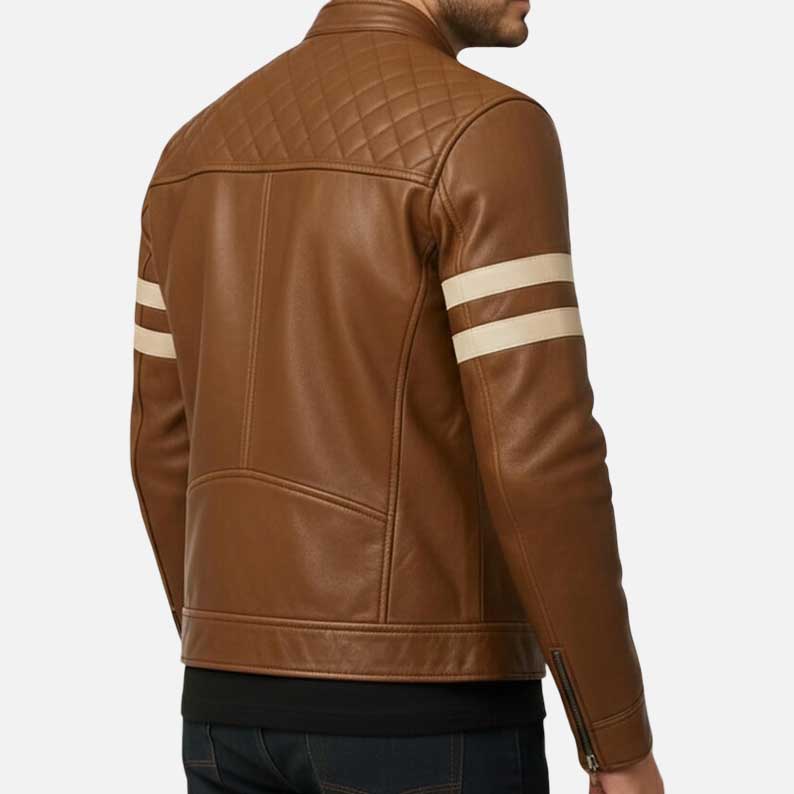 Stylish men brown biker leather jacket by Glory Store US stand collar snap design