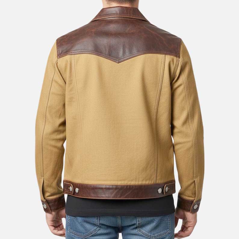 Stylish men brown canvas leather jacket by Glory Store US with leather collar and cuffs