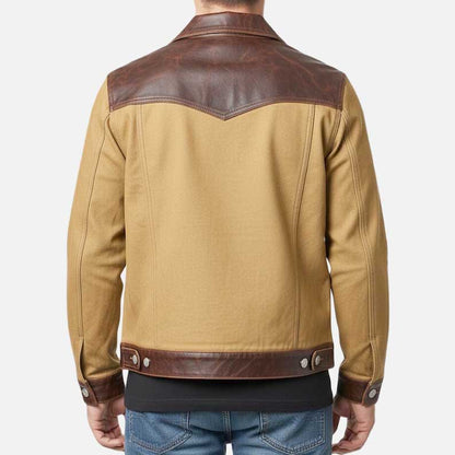 Stylish men brown canvas leather jacket by Glory Store US with leather collar and cuffs