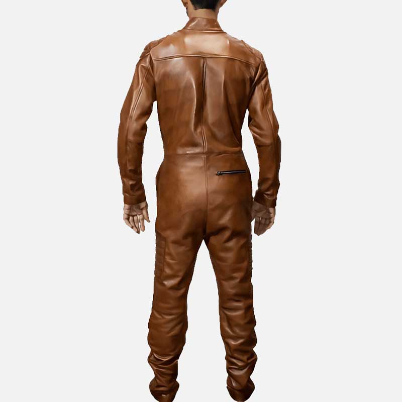 Stylish men brown lambskin leather jumpsuit by Glory Store US with turtle neck snap collar