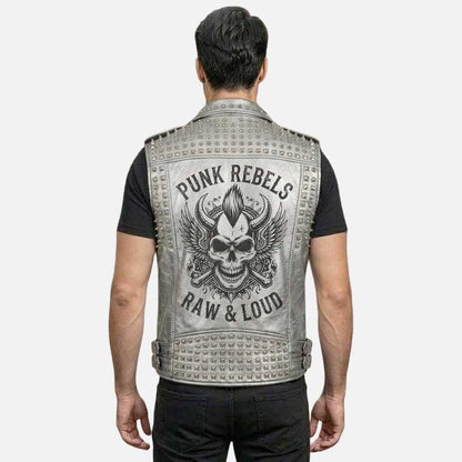 Stylish men silver moto leather vest by Glory Store US sleeveless metallic design