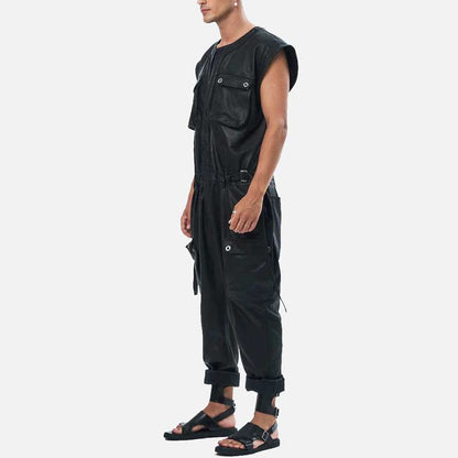 Stylish men solid black leather jumpsuit by Glory Store US with front zip and patch pockets