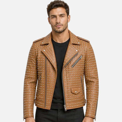 Stylish men’s brown studded motorcycle jacket with vintage biker inspired fashion look