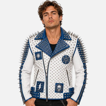Stylish men’s white and blue biker jacket with silver studs and shoulder spikes