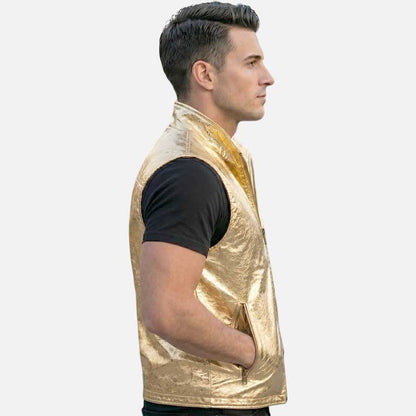 Stylish metallic gold leather vest men futuristic streetwear outerwear