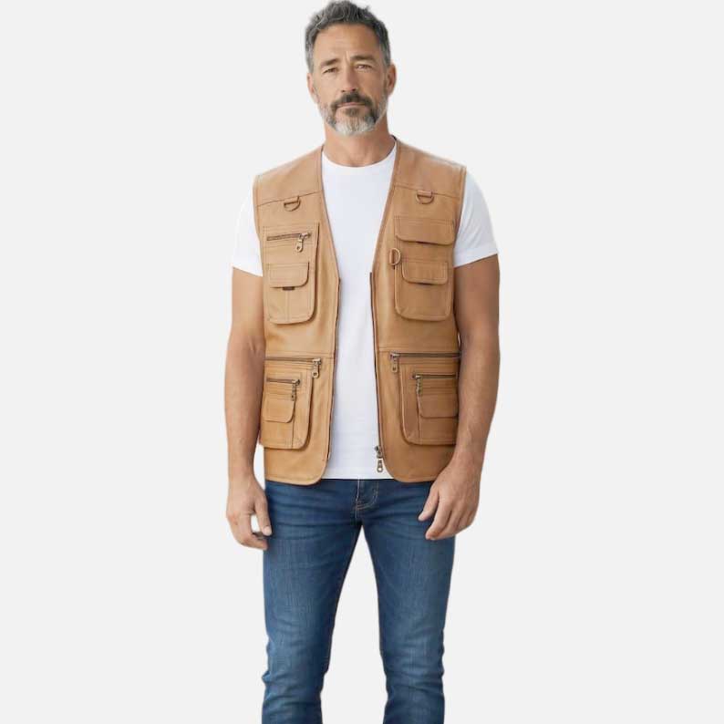 Stylish multi pocket leather utility vest for men to buy from Glory Store US