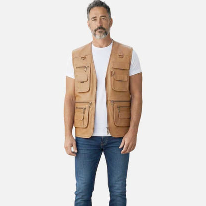 Stylish multi pocket leather utility vest for men to buy from Glory Store US