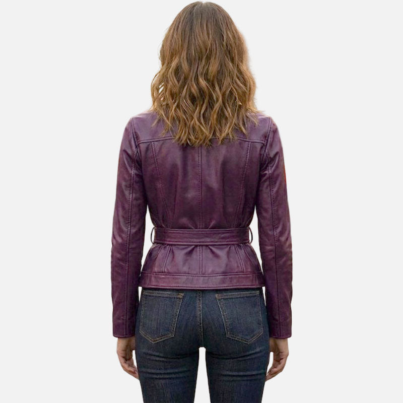 Stylish purple leather trucker jacket for sale with flattering fit and streetwear inspired look
