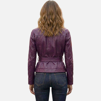 Stylish purple leather trucker jacket for sale with flattering fit and streetwear inspired look